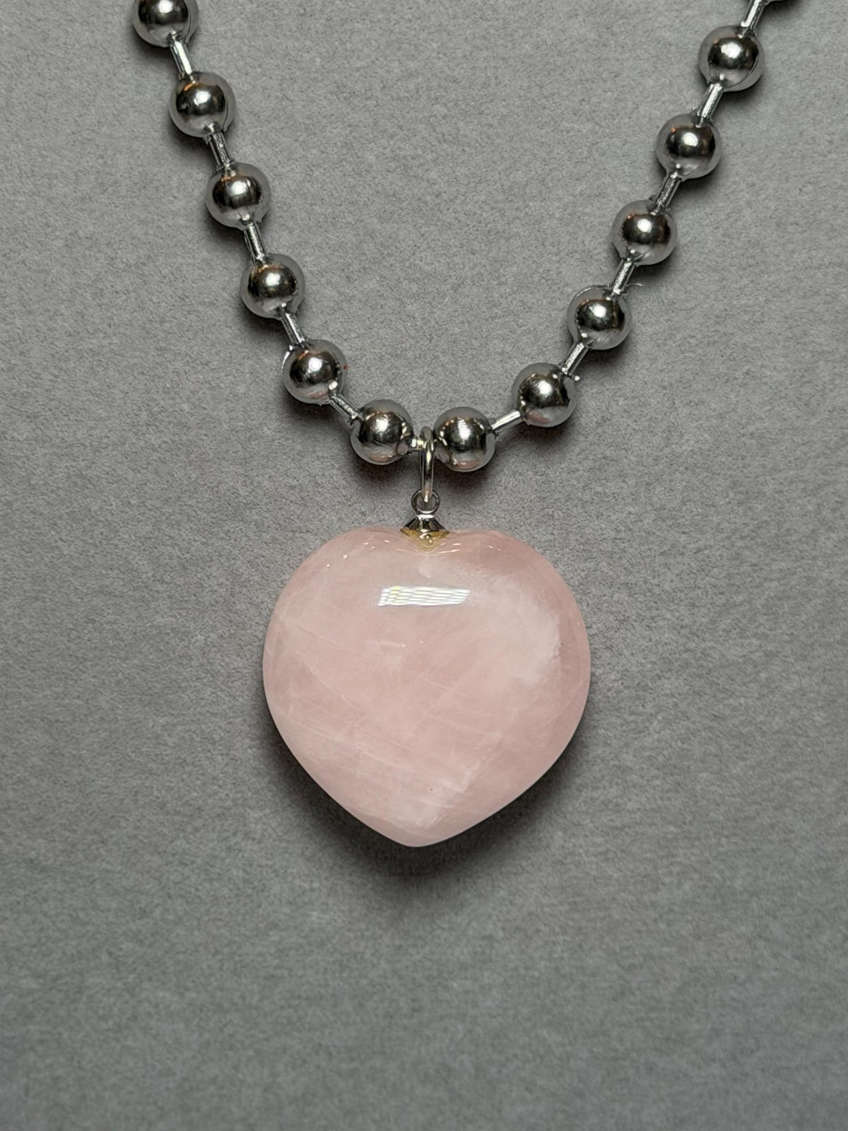 Rose Quartz Heart Pendant Necklace, Sterling Silver Ball Chain, 17 Inch Length