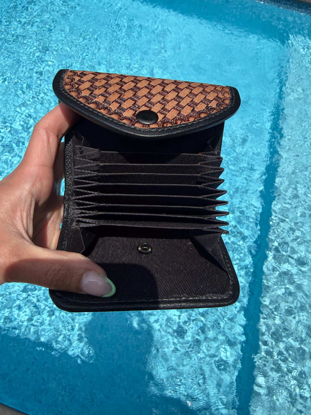 Hand-Tooled Brown Leather Hide Accordion Card Case | Snap Closure Wallet with Wrist Strap