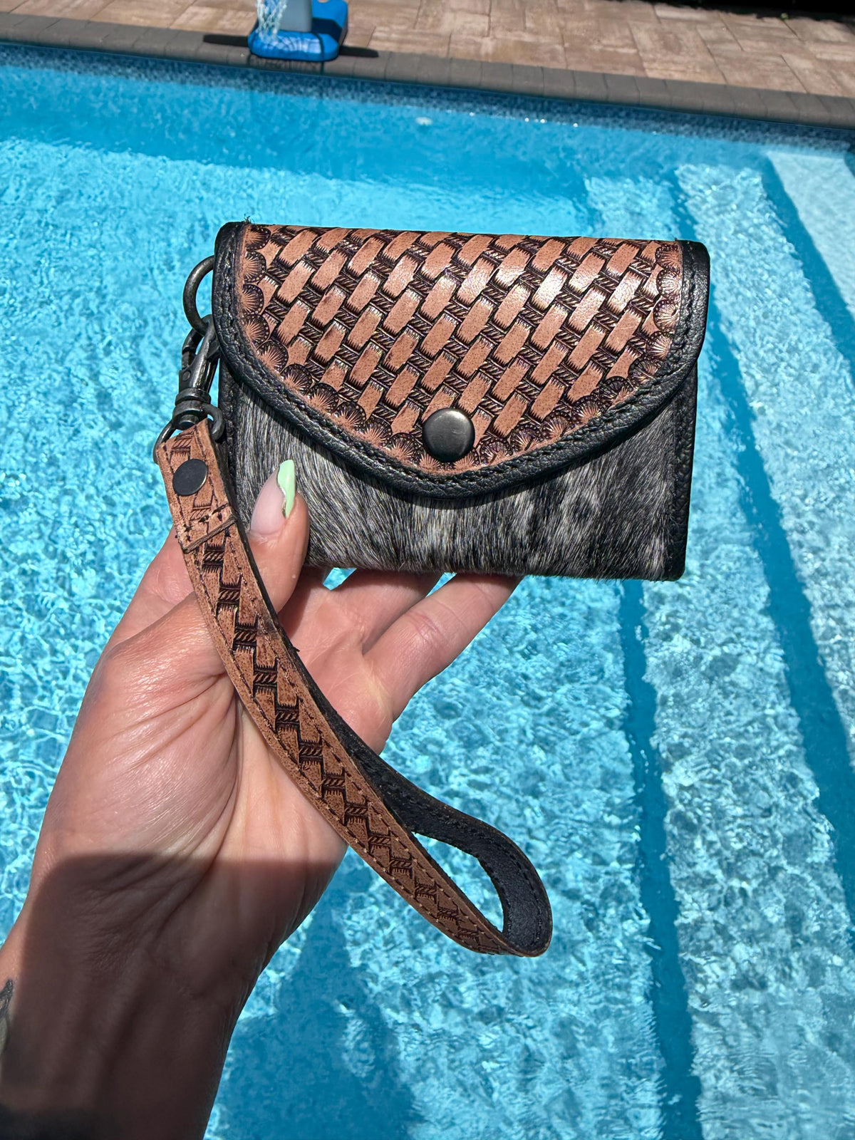Hand-Tooled Brown Leather Hide Accordion Card Case | Snap Closure Wallet with Wrist Strap