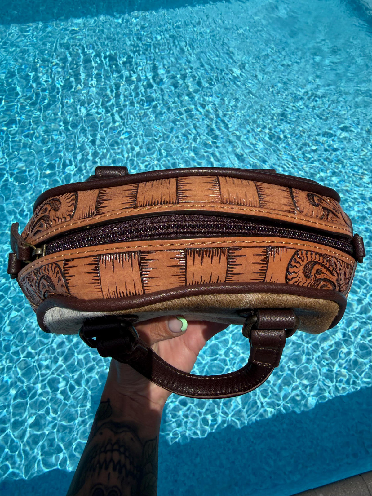 Hair-on Hide Tooled Leather Taco Bag | Western Crossbody Handbag, Rustic Style