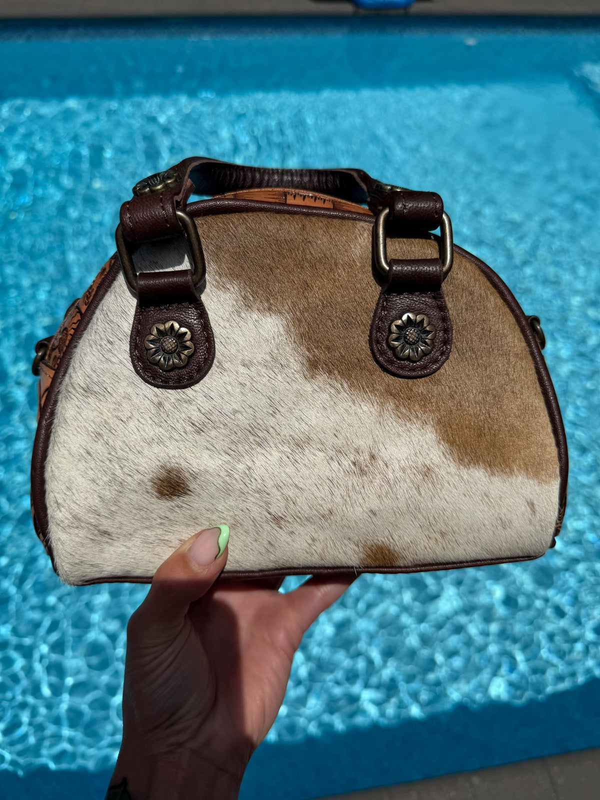 Hair-on Hide Tooled Leather Taco Bag | Western Crossbody Handbag, Rustic Style
