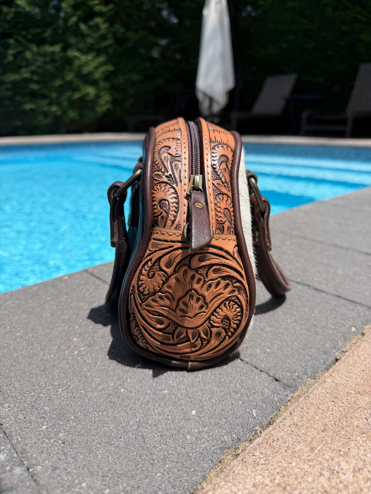 Hair-on Hide Tooled Leather Taco Bag | Western Crossbody Handbag, Rustic Style