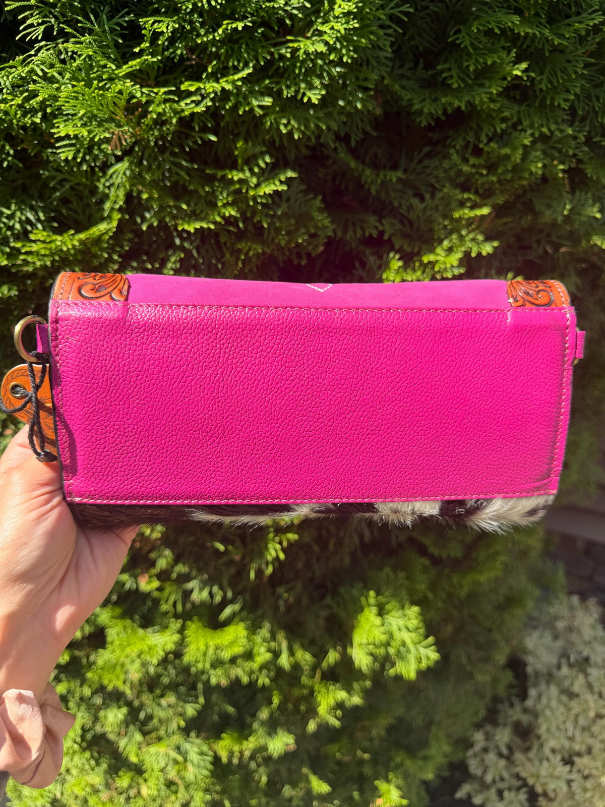 Pink Tooled Leather & Cowhide Wallet Crossbody – Western Hair-On Hide Clutch