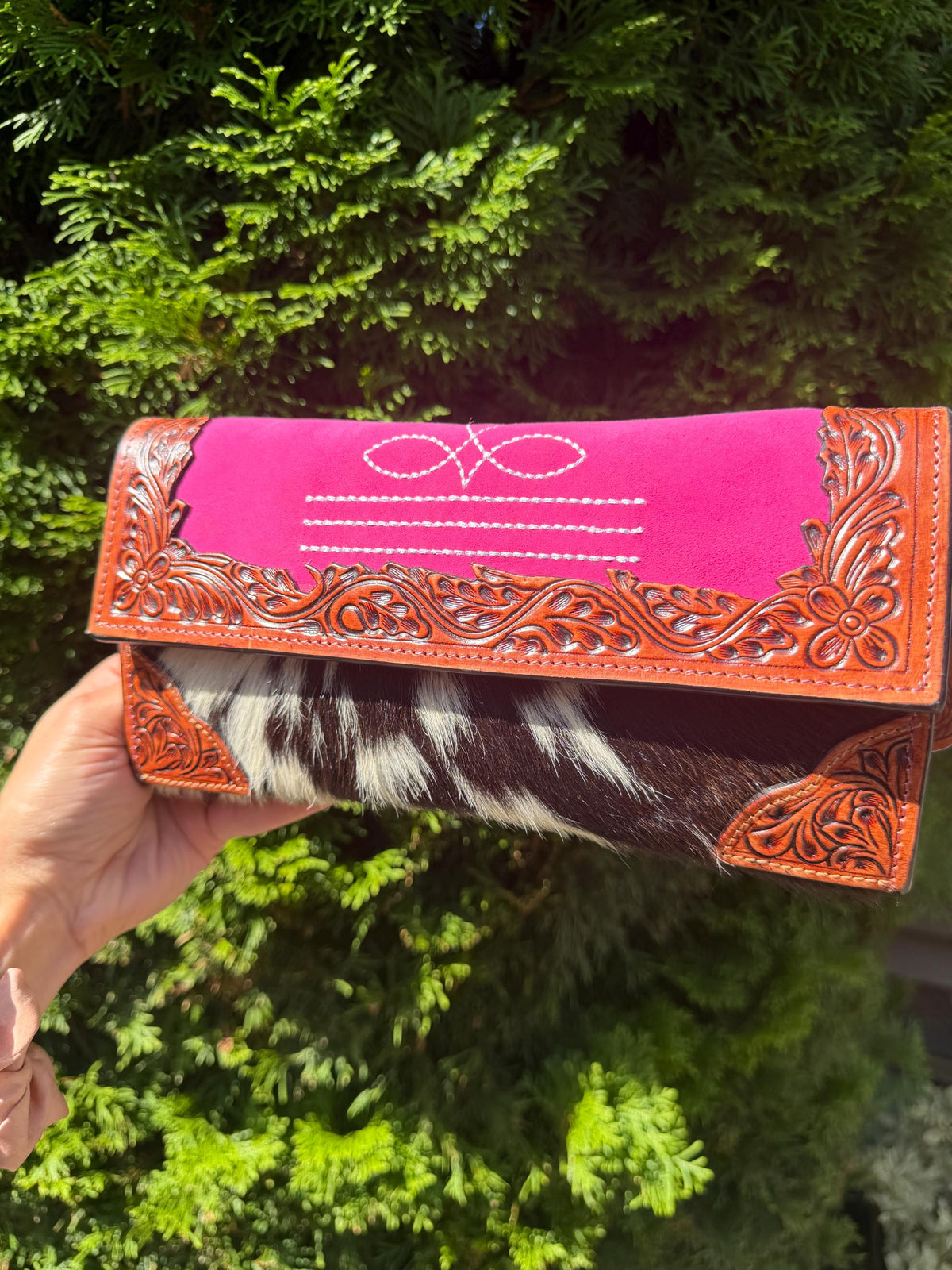 Pink Tooled Leather & Cowhide Wallet Crossbody – Western Hair-On Hide Clutch