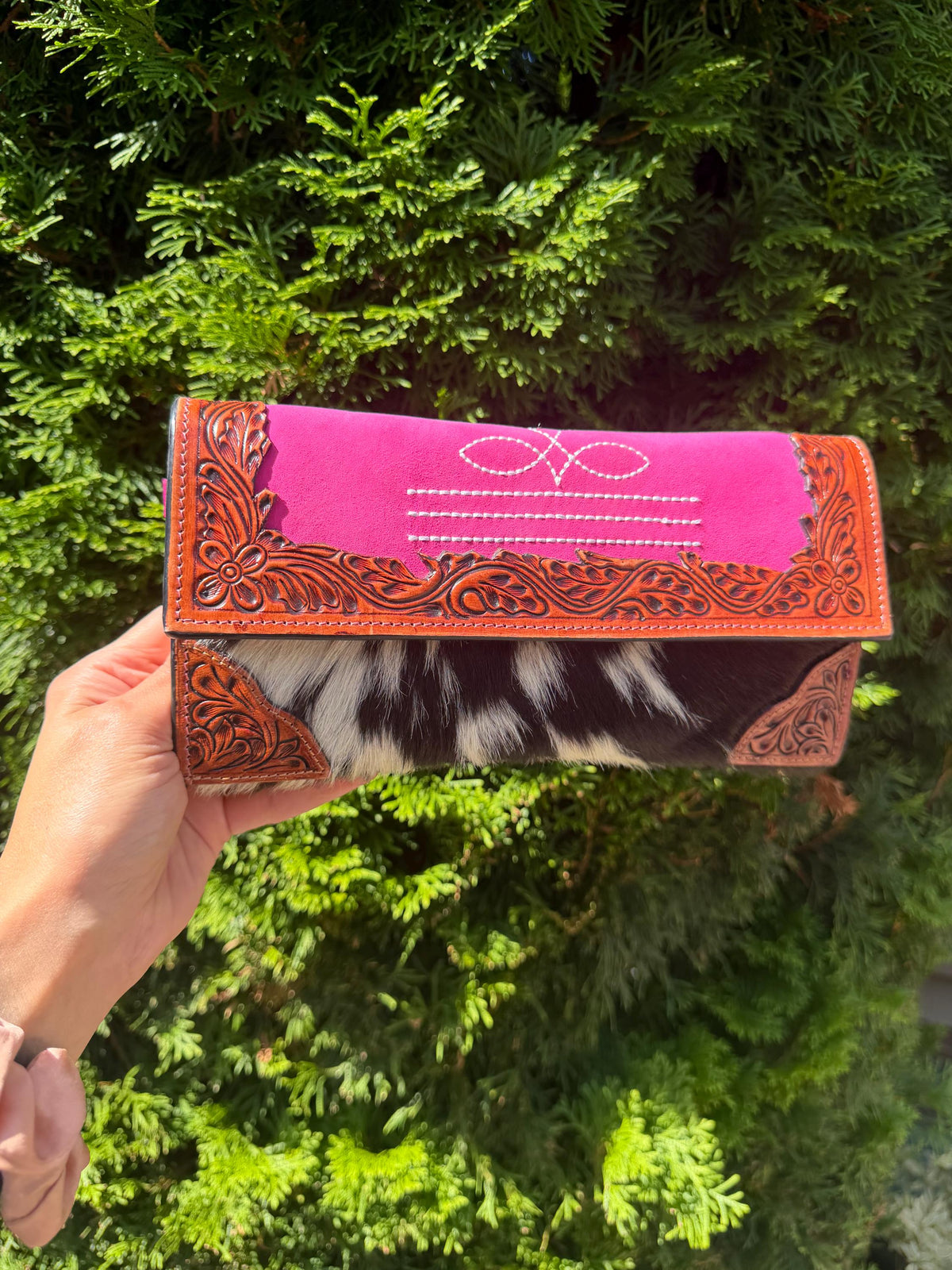 Pink Tooled Leather & Cowhide Wallet Crossbody – Western Hair-On Hide Clutch