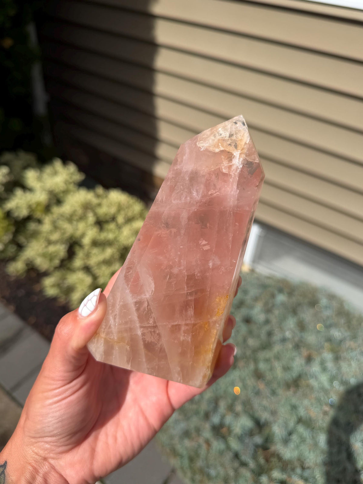 Rose Quartz & Golden Healer Tower from Brazil: Polished Quartz Point