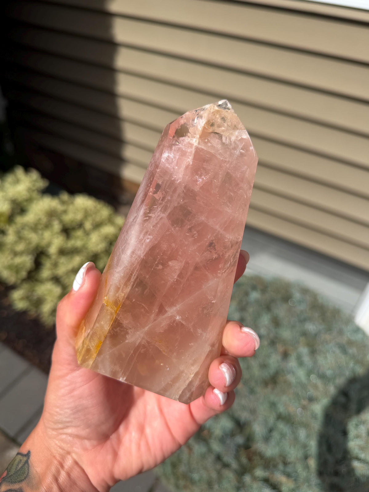 Rose Quartz & Golden Healer Tower from Brazil: Polished Quartz Point