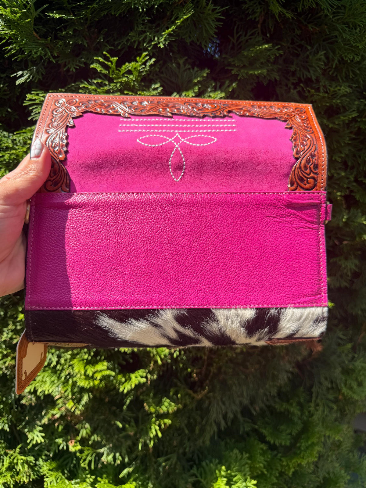 Pink Tooled Leather & Cowhide Wallet Crossbody – Western Hair-On Hide Clutch