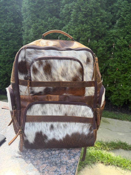 Western Cowhide & Leather Backpack – Hair-On Hide Rustic Travel Bag